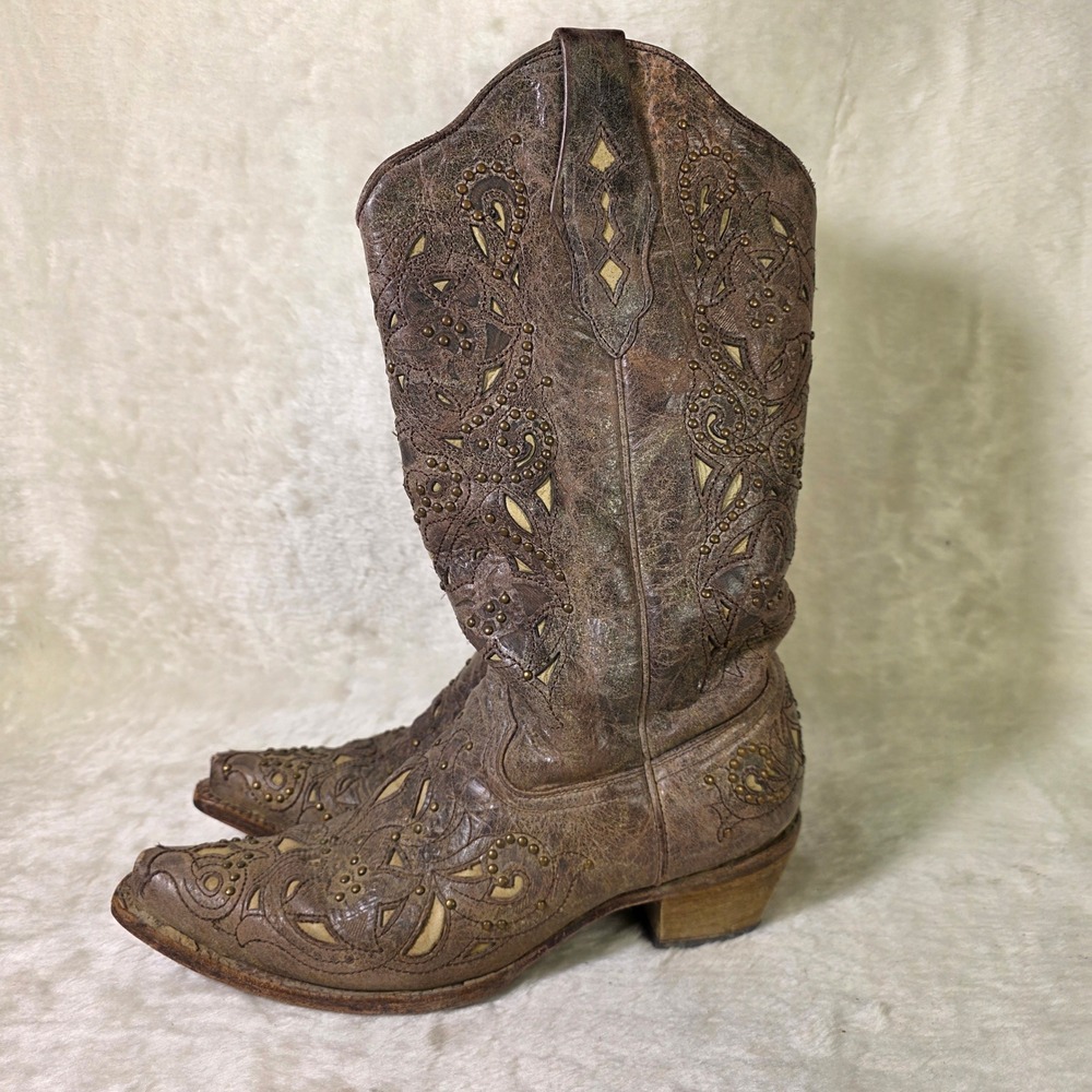 Corral Cowboy Boots Brown Leather Studded Cutout Western Womens 11